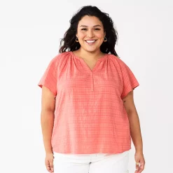 Plus Size Sonoma Goods For Life® Flutter Sleeve Y-Neck Top -StyleUp Sales Store 5929300 Coral