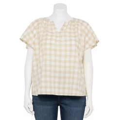 Plus Size Sonoma Goods For Life® Flutter Sleeve Y-Neck Top -StyleUp Sales Store 5929300 Ecru Gingham