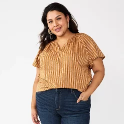 Plus Size Sonoma Goods For Life® Flutter Sleeve Y-Neck Top -StyleUp Sales Store 5929300 Gold Stripe