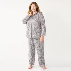 Plus Size Sonoma Goods For Life® Knit Pajama Shirt & Pajama Pants Sleep Set -StyleUp Sales Store 6025544 Grey Leopard