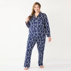 Plus Size Sonoma Goods For Life® Knit Pajama Shirt & Pajama Pants Sleep Set -StyleUp Sales Store 6025544 Navy Lil Fisle