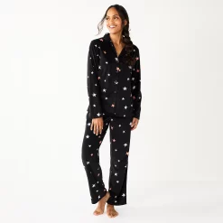 Women's Sonoma Goods For Life® Velour Pajama Shirt & Pajama Pants Sleep Set -StyleUp Sales Store 6076017 Black Starry