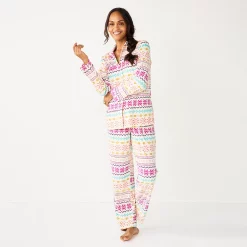 Women's Sonoma Goods For Life® Velour Pajama Shirt & Pajama Pants Sleep Set -StyleUp Sales Store 6076017 Ivory Fun Fisle