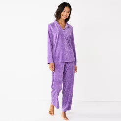 Women's Sonoma Goods For Life® Velour Pajama Shirt & Pajama Pants Sleep Set -StyleUp Sales Store 6076017 Lilac Happy Dots