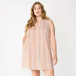 Plus Size Sonoma Goods For Life® Sleeveless Pintuck Tank Dress -StyleUp Sales Store 6193865 Beige Multi Stripe