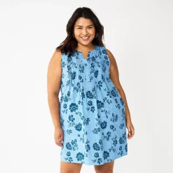 Plus Size Sonoma Goods For Life® Sleeveless Pintuck Tank Dress -StyleUp Sales Store 6193865 Blue Floral